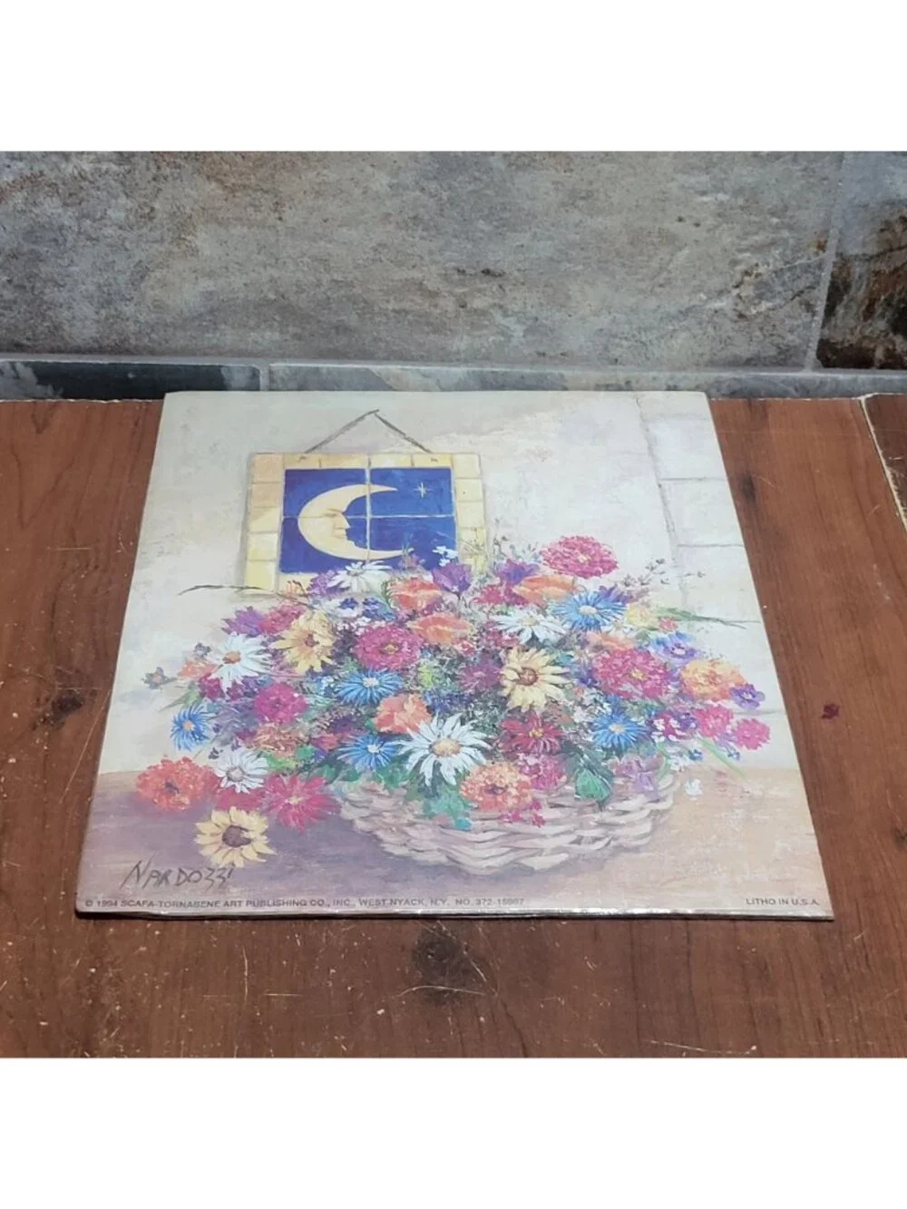 Vintage Unframed Floral Still Life Crescent Moon Art Print 1994 Nardozzi